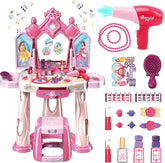 Girls Pretend Play Makeup Table Set with Stool Vanity Set with Lights Music Openable Doors